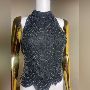 Papell Boutique Shirt Womens Medium Halter Evening Metallic Sequins Cocktail